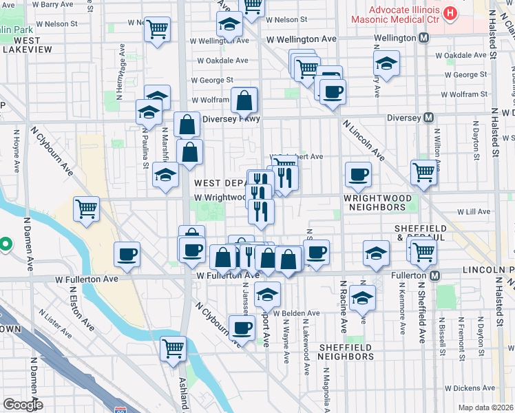 map of restaurants, bars, coffee shops, grocery stores, and more near 1426 West Lill Avenue in Chicago