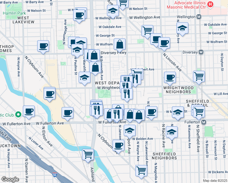 map of restaurants, bars, coffee shops, grocery stores, and more near 2534 North Greenview Avenue in Chicago