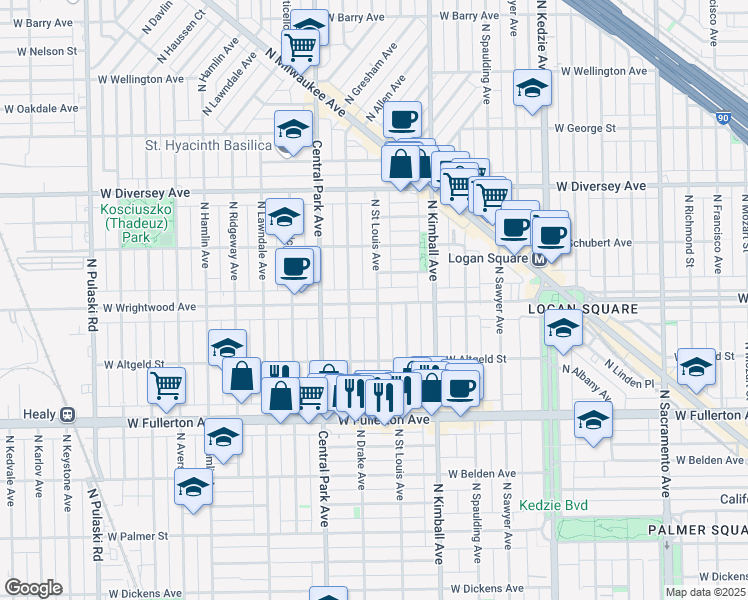 map of restaurants, bars, coffee shops, grocery stores, and more near 3519 West Wrightwood Avenue in Chicago