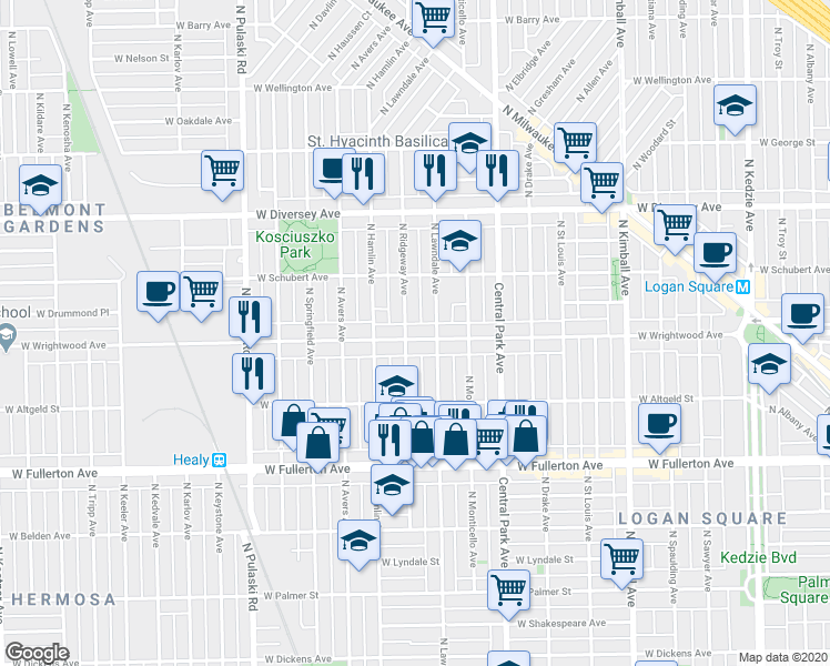 map of restaurants, bars, coffee shops, grocery stores, and more near 3709 West Wrightwood Avenue in Chicago