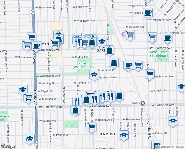 map of restaurants, bars, coffee shops, grocery stores, and more near 4343 West Wrightwood Avenue in Chicago