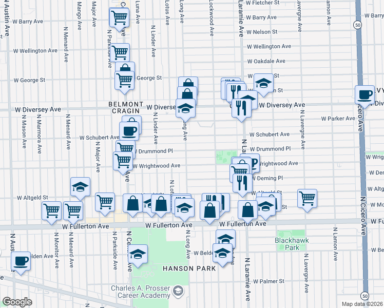 map of restaurants, bars, coffee shops, grocery stores, and more near 5342 West Wrightwood Avenue in Chicago
