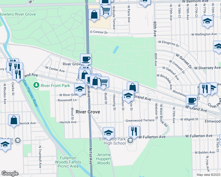 map of restaurants, bars, coffee shops, grocery stores, and more near 8243 West Grand Avenue in River Grove