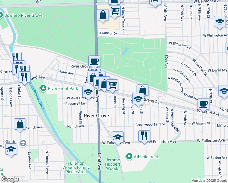 map of restaurants, bars, coffee shops, grocery stores, and more near 8313 Grand Avenue in River Grove