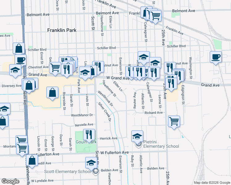 map of restaurants, bars, coffee shops, grocery stores, and more near 2711 Hawthorne Street in Franklin Park