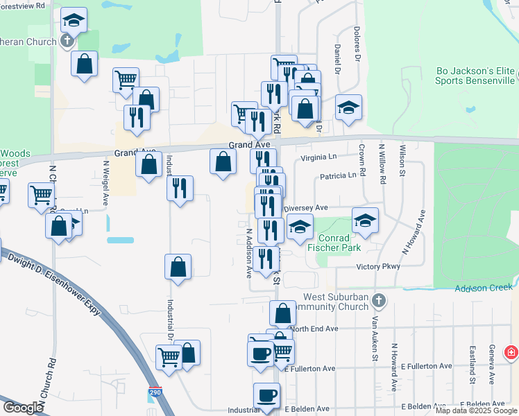 map of restaurants, bars, coffee shops, grocery stores, and more near 137 West Diversey Avenue in Elmhurst