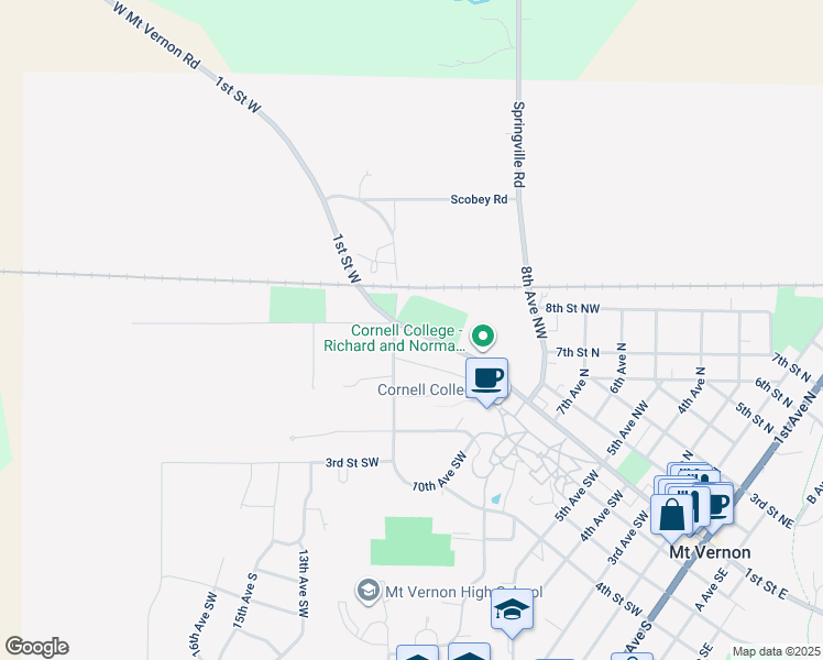 map of restaurants, bars, coffee shops, grocery stores, and more near 1126 1st Street Southwest in Mount Vernon