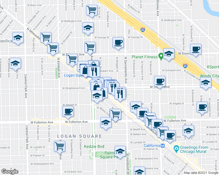 map of restaurants, bars, coffee shops, grocery stores, and more near W Logan Blvd & N Albany Ave in Chicago