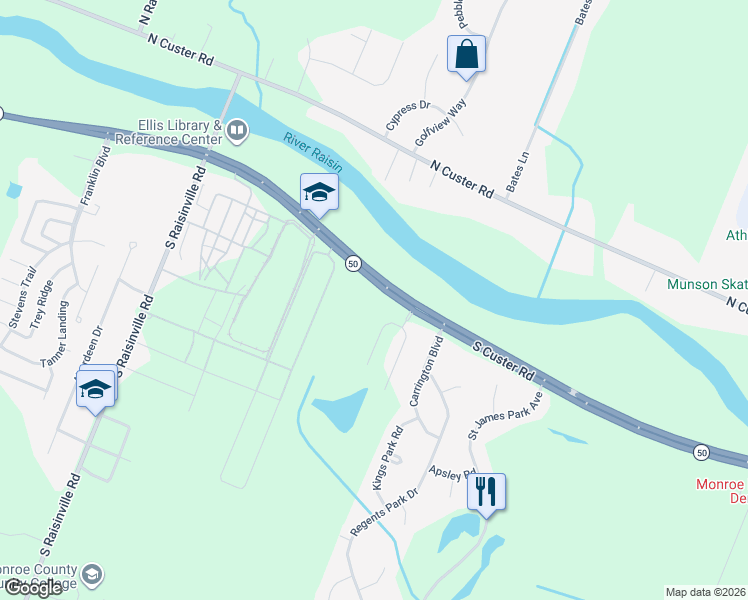 map of restaurants, bars, coffee shops, grocery stores, and more near 3333 South Custer Road in Monroe