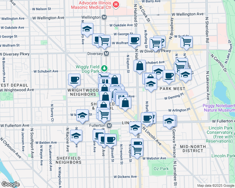 map of restaurants, bars, coffee shops, grocery stores, and more near 870 West Lill Avenue in Chicago