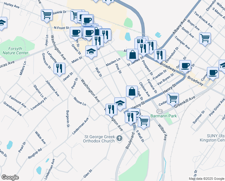 map of restaurants, bars, coffee shops, grocery stores, and more near 129 Wall Street in Kingston