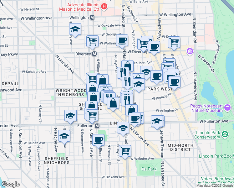 map of restaurants, bars, coffee shops, grocery stores, and more near 815 West Lill Avenue in Chicago