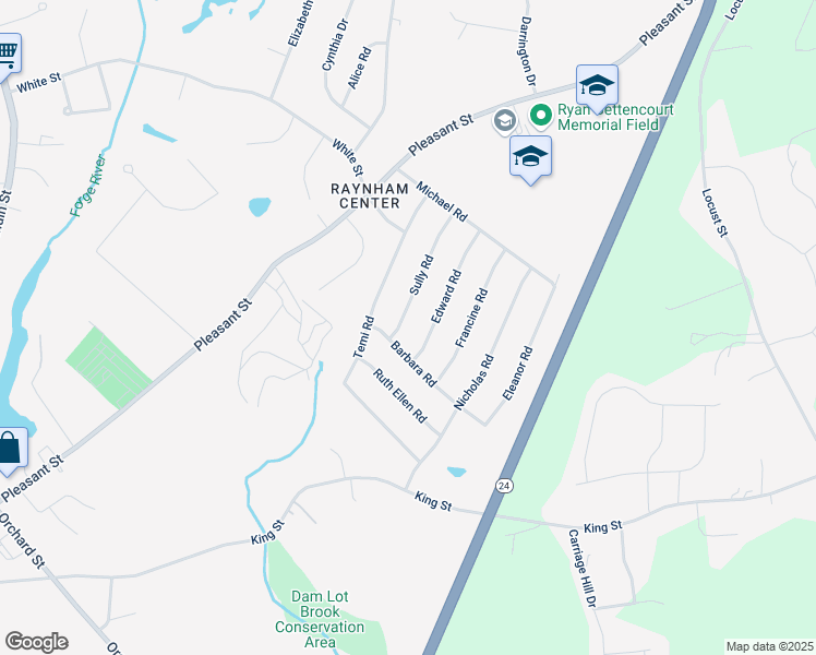 map of restaurants, bars, coffee shops, grocery stores, and more near 44 Barbara Road in Raynham