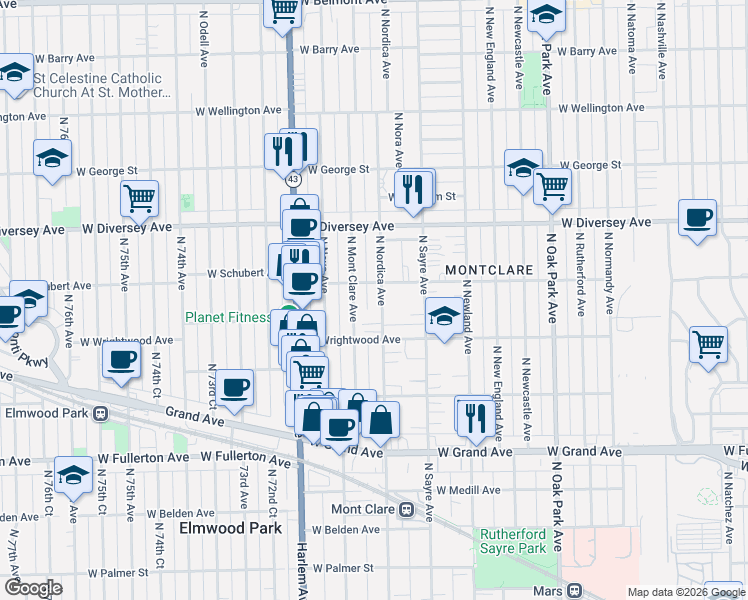 map of restaurants, bars, coffee shops, grocery stores, and more near 2629 North Nordica Avenue in Chicago