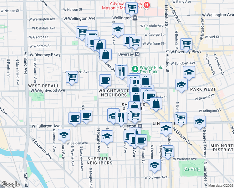 map of restaurants, bars, coffee shops, grocery stores, and more near 2545 North Seminary Avenue in Chicago