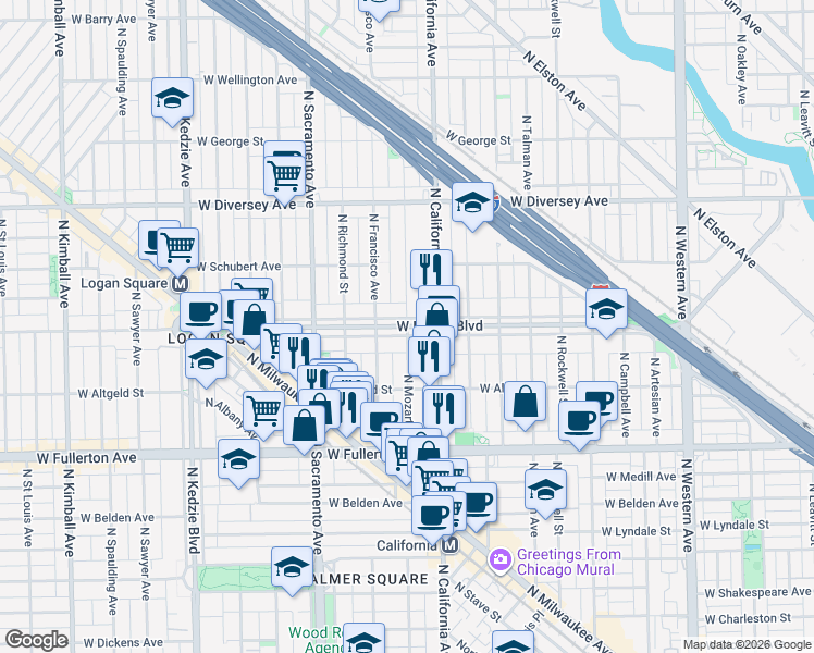 map of restaurants, bars, coffee shops, grocery stores, and more near West Logan Boulevard & North Mozart Street in Chicago