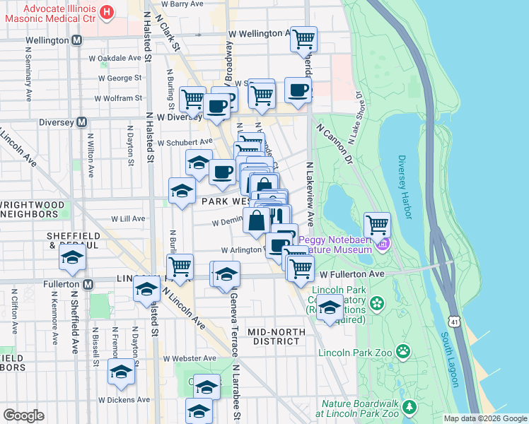 map of restaurants, bars, coffee shops, grocery stores, and more near 2506 North Clark Street in Chicago