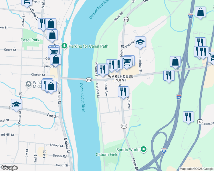 map of restaurants, bars, coffee shops, grocery stores, and more near 12 Dean Avenue in East Windsor