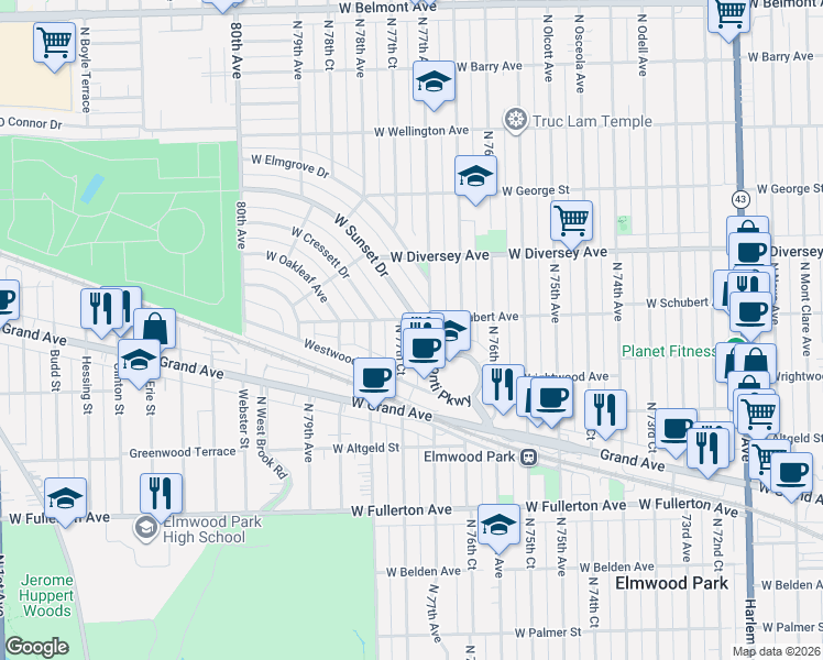 map of restaurants, bars, coffee shops, grocery stores, and more near 7647 West Sunset Drive in Elmwood Park