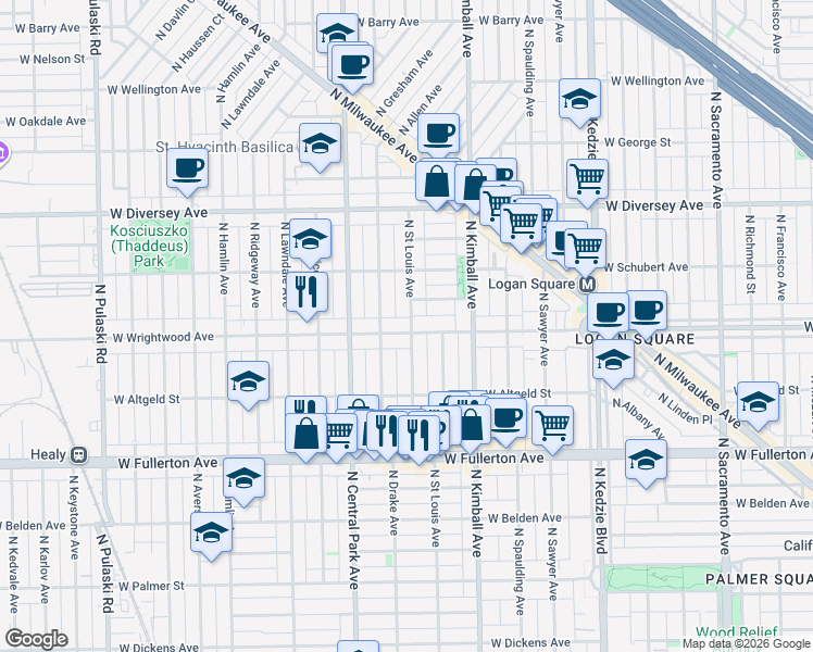 map of restaurants, bars, coffee shops, grocery stores, and more near 3519 West Wrightwood Avenue in Chicago
