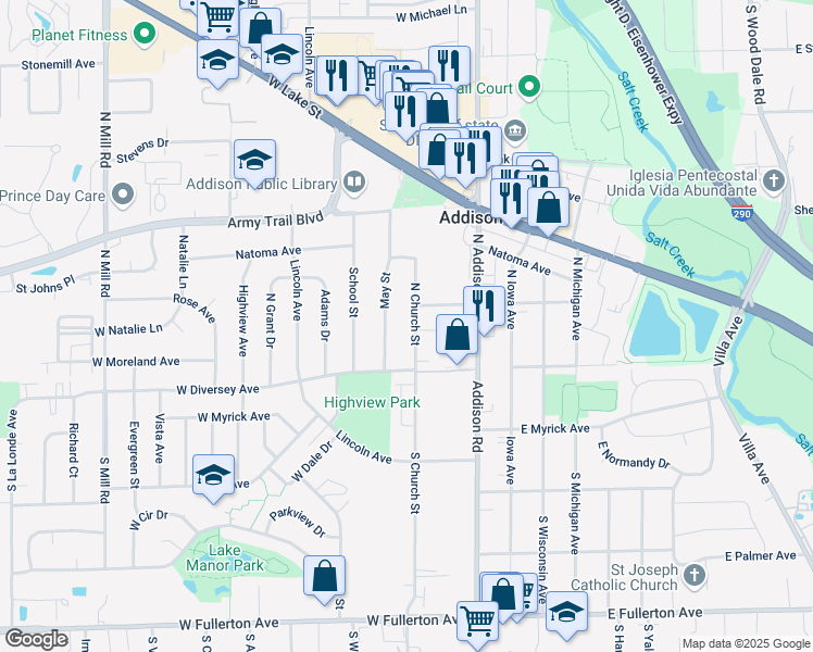 map of restaurants, bars, coffee shops, grocery stores, and more near 22 North Church Street in Addison