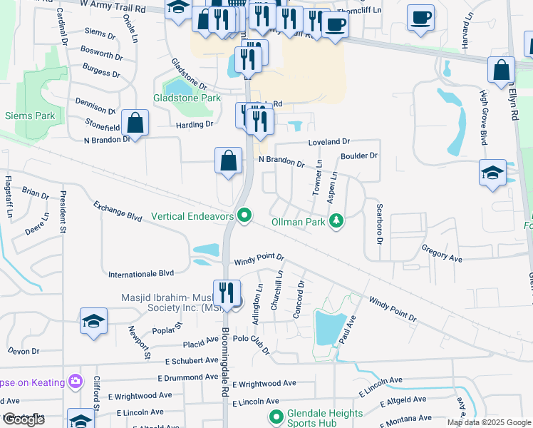 map of restaurants, bars, coffee shops, grocery stores, and more near 1894 North Alpine Drive in Glendale Heights