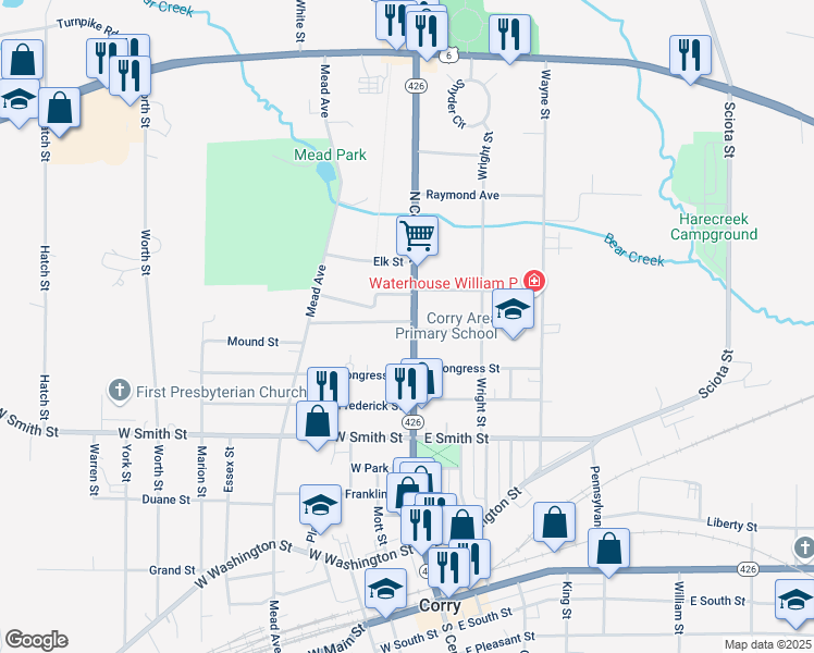 map of restaurants, bars, coffee shops, grocery stores, and more near 632 N Center St in Corry