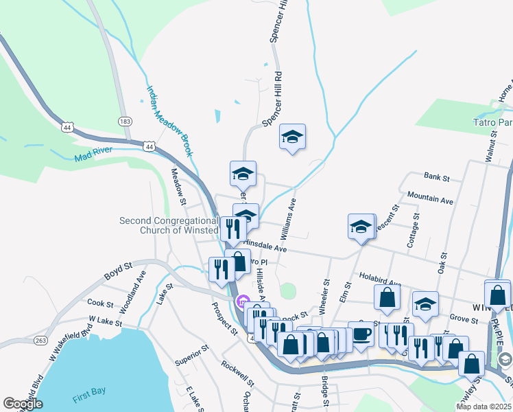 map of restaurants, bars, coffee shops, grocery stores, and more near 44 Spencer Street in Winsted