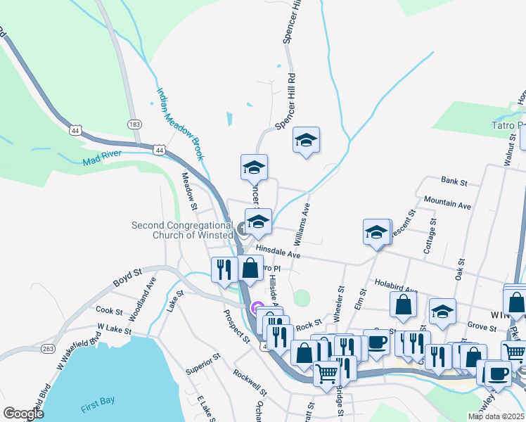 map of restaurants, bars, coffee shops, grocery stores, and more near 44 Spencer Street in Winsted