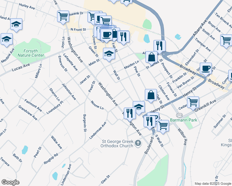 map of restaurants, bars, coffee shops, grocery stores, and more near 28 Warren Street in Kingston