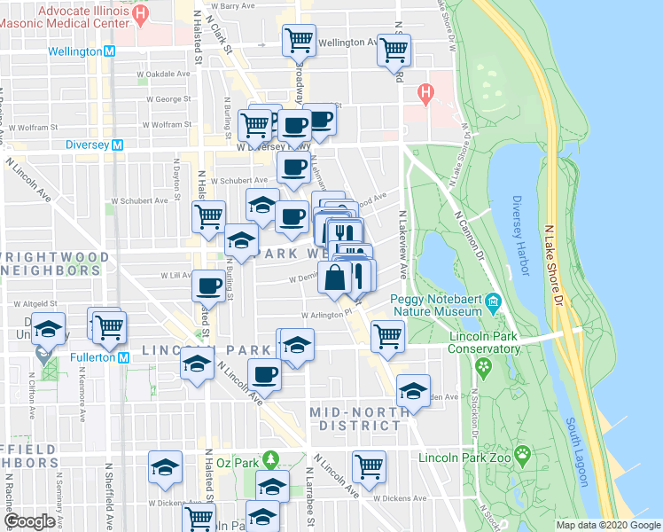 map of restaurants, bars, coffee shops, grocery stores, and more near 2504 North Clark Street in Chicago