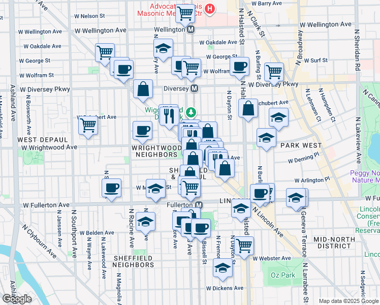 map of restaurants, bars, coffee shops, grocery stores, and more near 2518 North Sheffield Avenue in Chicago