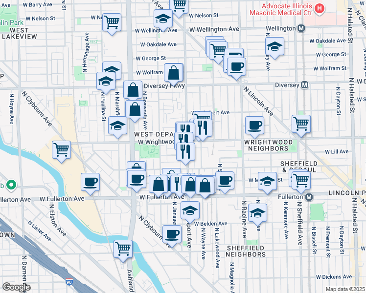map of restaurants, bars, coffee shops, grocery stores, and more near 1426 West Lill Avenue in Chicago