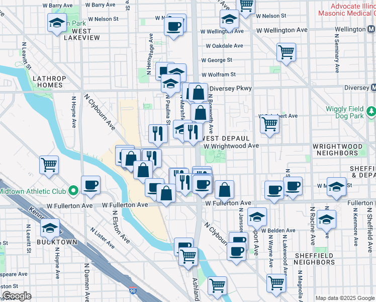 map of restaurants, bars, coffee shops, grocery stores, and more near 2537 North Marshfield Avenue in Chicago