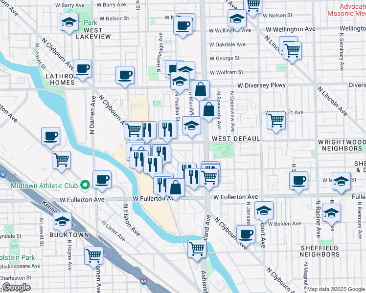 map of restaurants, bars, coffee shops, grocery stores, and more near 1740 West Altgeld Street in Chicago