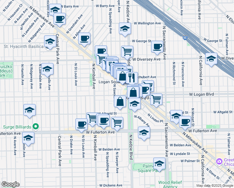 map of restaurants, bars, coffee shops, grocery stores, and more near 3261 West Wrightwood Avenue in Chicago