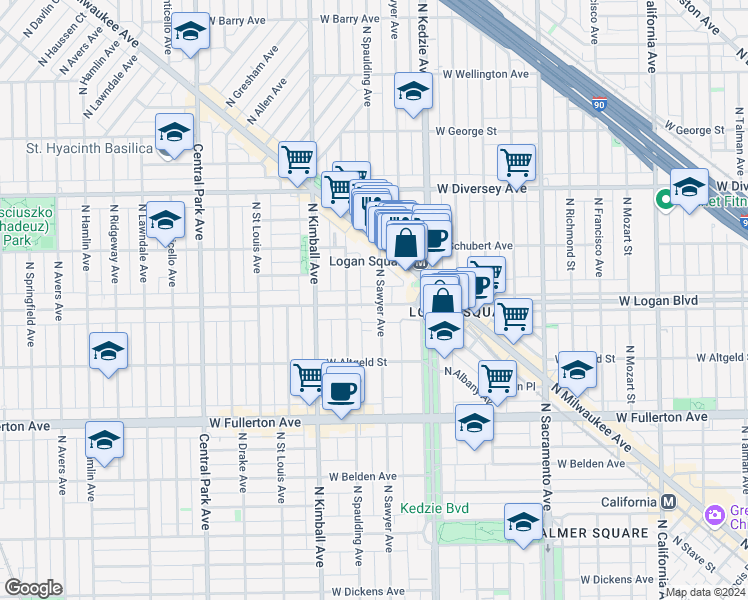 map of restaurants, bars, coffee shops, grocery stores, and more near 3261 West Wrightwood Avenue in Chicago