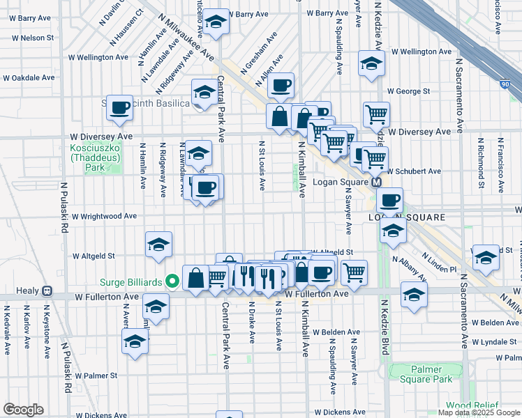 map of restaurants, bars, coffee shops, grocery stores, and more near 3519 West Wrightwood Avenue in Chicago