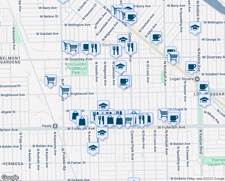 map of restaurants, bars, coffee shops, grocery stores, and more near 3709 West Wrightwood Avenue in Chicago