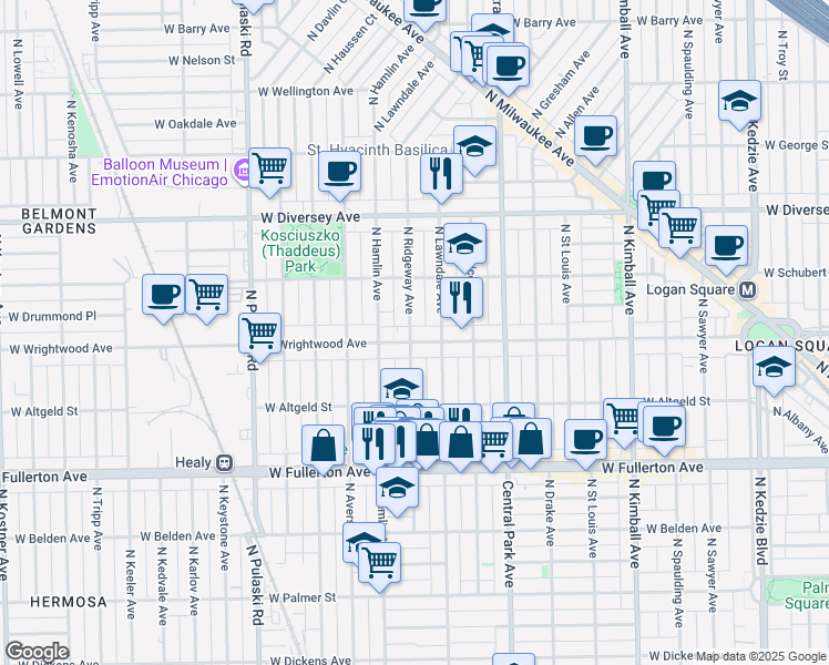 map of restaurants, bars, coffee shops, grocery stores, and more near 3709 West Wrightwood Avenue in Chicago