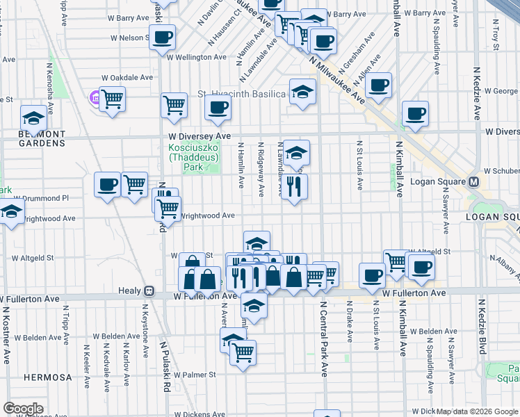 map of restaurants, bars, coffee shops, grocery stores, and more near 3749 West Wrightwood Avenue in Chicago