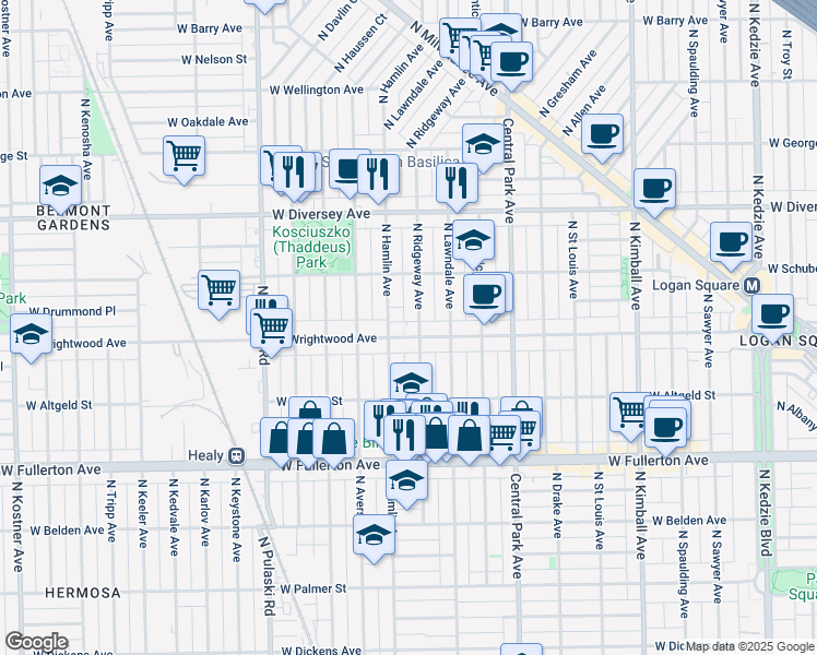 map of restaurants, bars, coffee shops, grocery stores, and more near 3749 West Wrightwood Avenue in Chicago