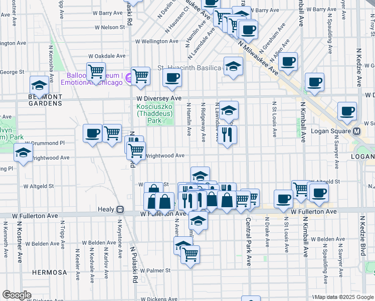 map of restaurants, bars, coffee shops, grocery stores, and more near 3749 West Wrightwood Avenue in Chicago