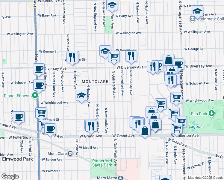 map of restaurants, bars, coffee shops, grocery stores, and more near 2625 North Oak Park Avenue in Chicago