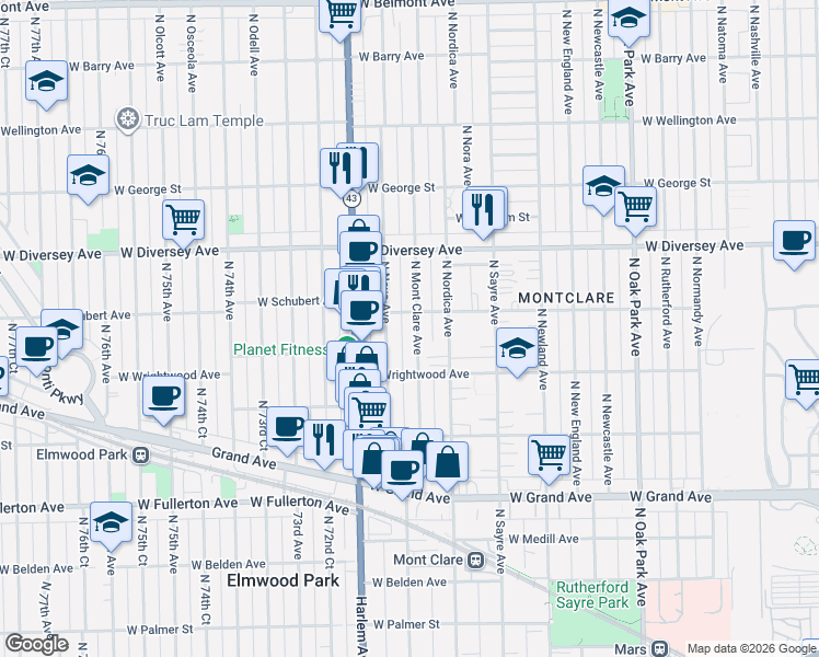 map of restaurants, bars, coffee shops, grocery stores, and more near 2626 North Mont Clare Avenue in Chicago