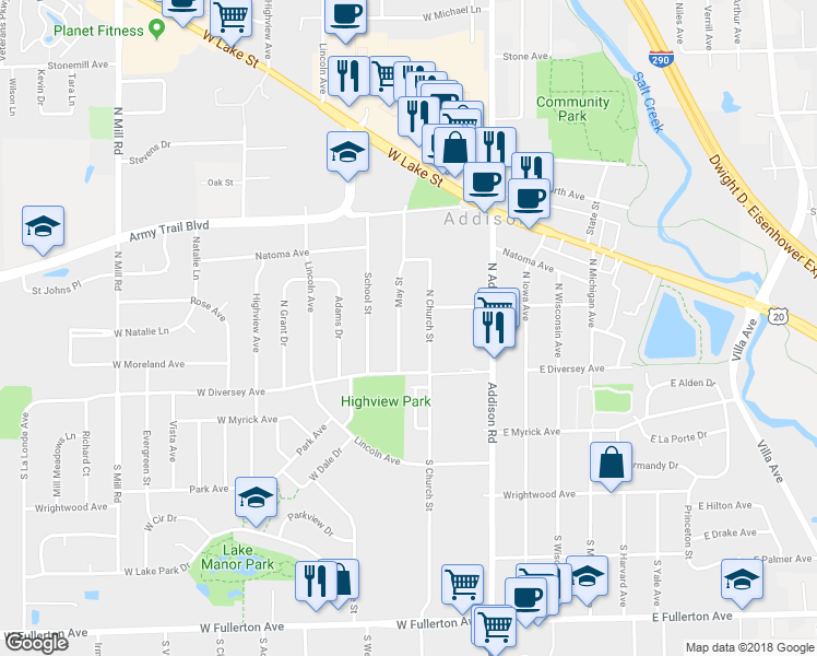 map of restaurants, bars, coffee shops, grocery stores, and more near 22 North Church Street in Addison