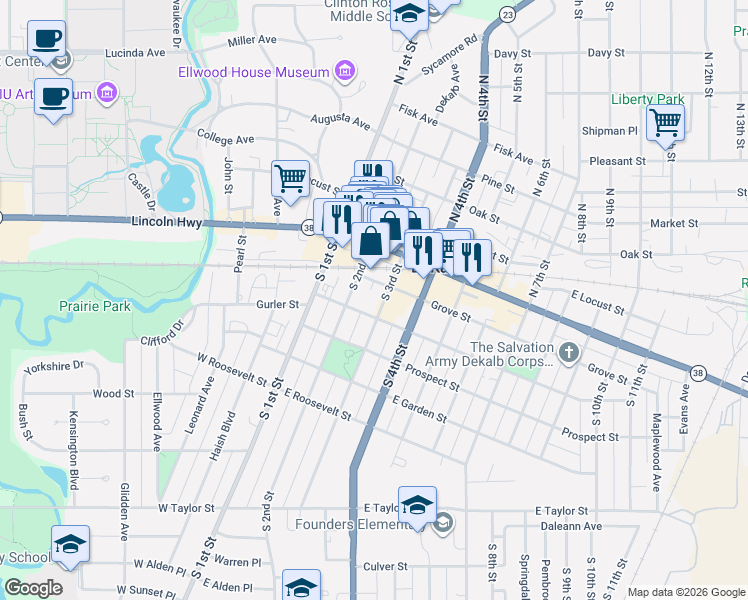 map of restaurants, bars, coffee shops, grocery stores, and more near 302 Grove Street in DeKalb