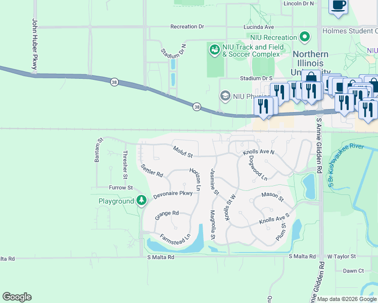 map of restaurants, bars, coffee shops, grocery stores, and more near 1474 Moluf Street in DeKalb