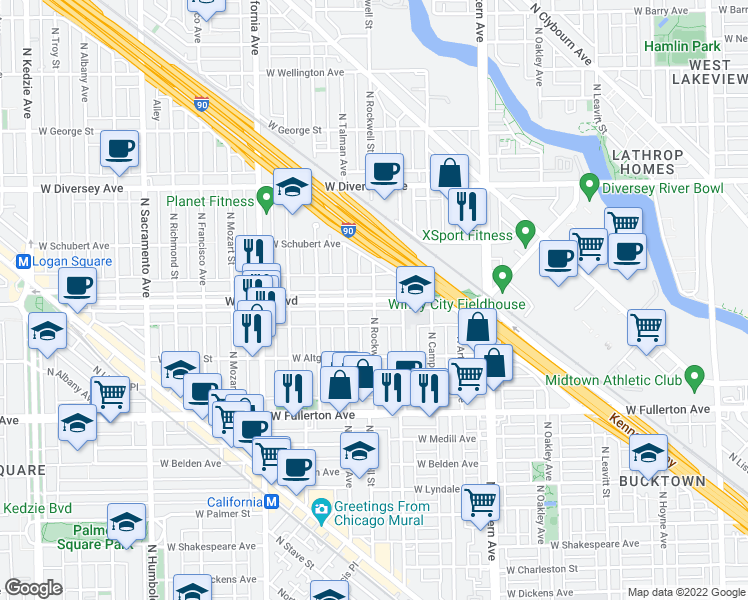 map of restaurants, bars, coffee shops, grocery stores, and more near W Logan Blvd & N Rockwell St in Chicago