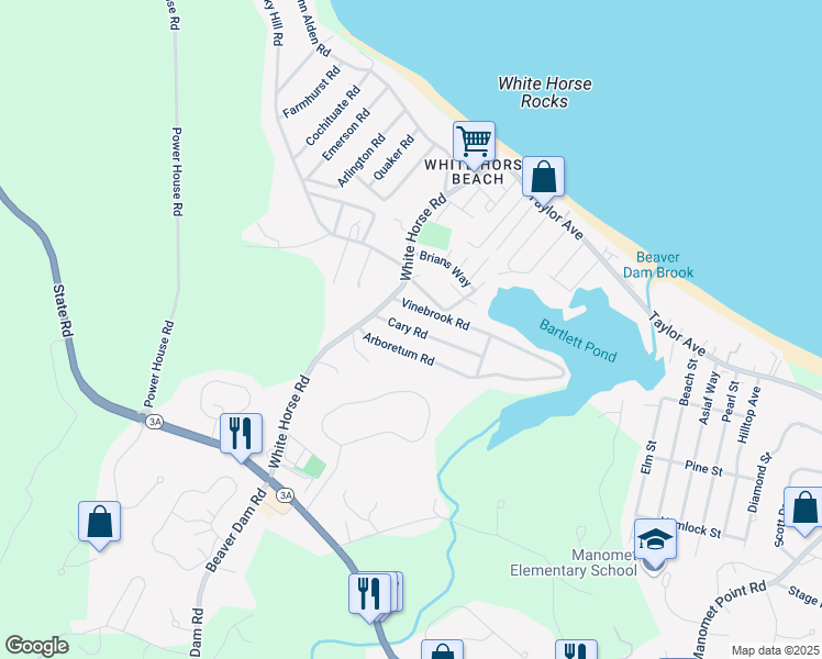 map of restaurants, bars, coffee shops, grocery stores, and more near 35 Cary Rd in Plymouth